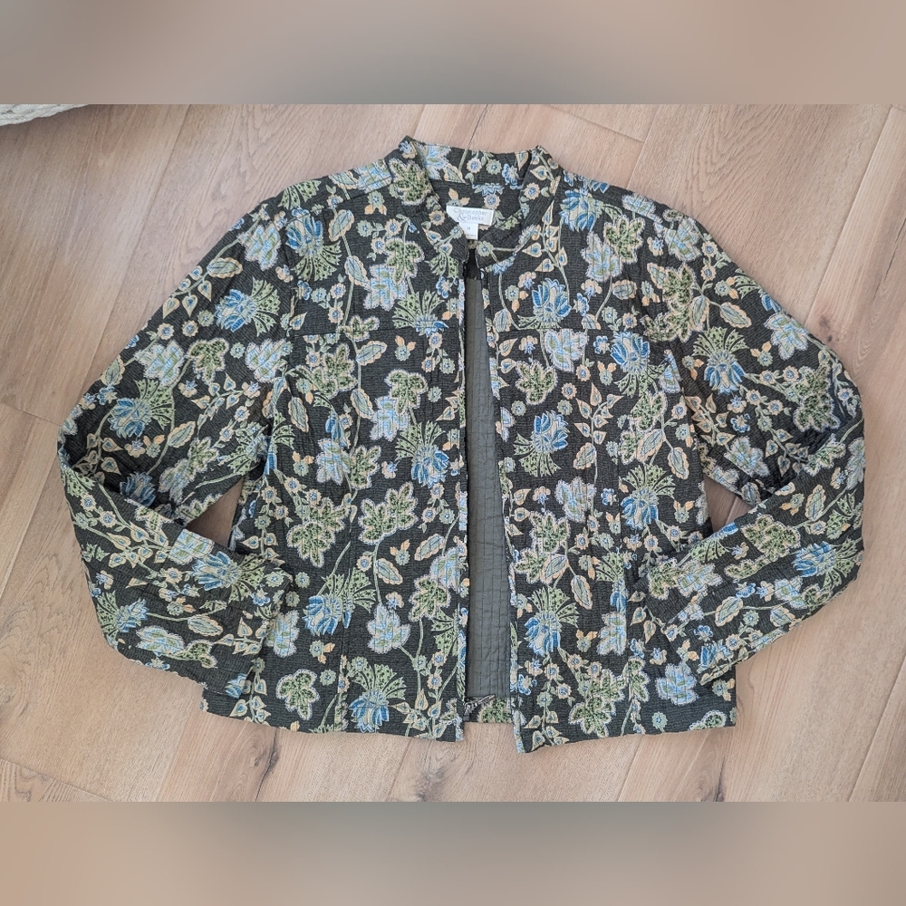 Christopher & Banks Green Floral Textured Zip Jacket Cotton Medium